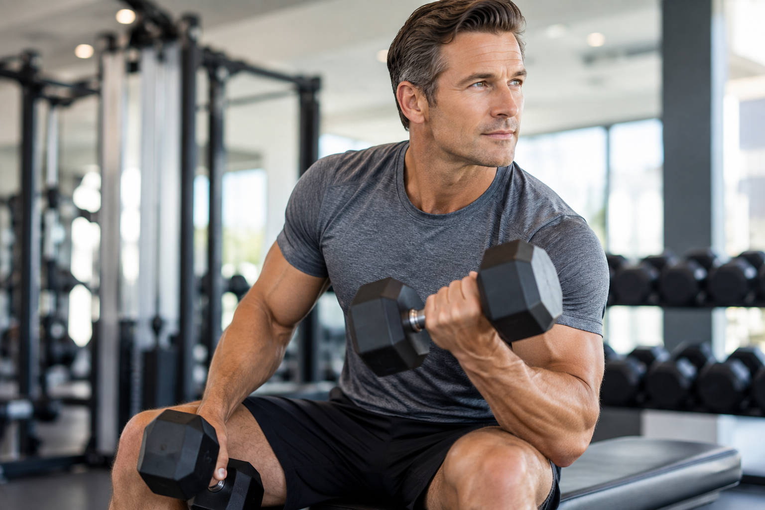 Fit healthy middle-aged man exercising with dumbbells representing testosterone replacement therapy and men's health in Los Angeles